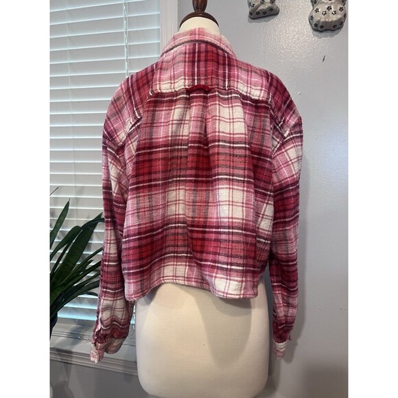 American Eagle Cropped Flannel Shirt Large Pink Grunge Girly Cute 90s Y2K Casual - Picture 3 of 8